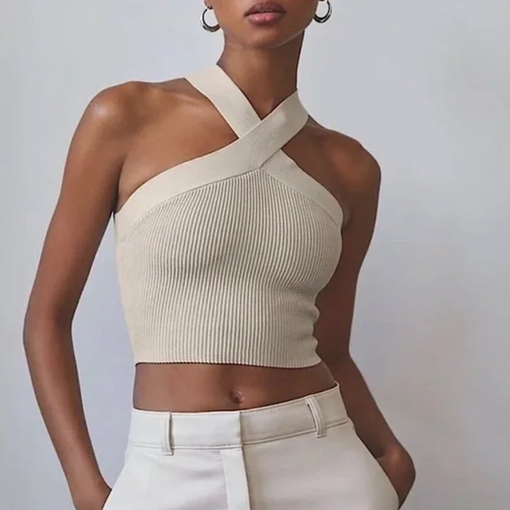 Aritzia Babaton Creme Sculpt Knit Criss Cross Top | Going Out Top | Womens XS